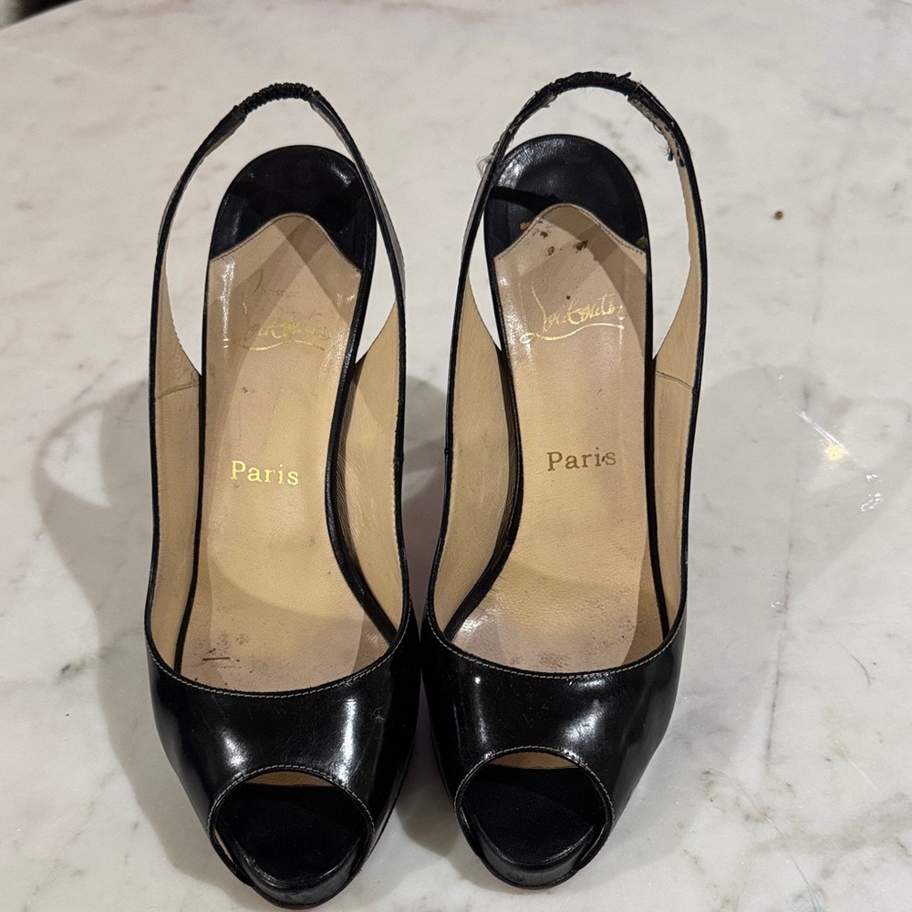 Christian Louboutin Black Patent Slingback Peep-Toe Pumps